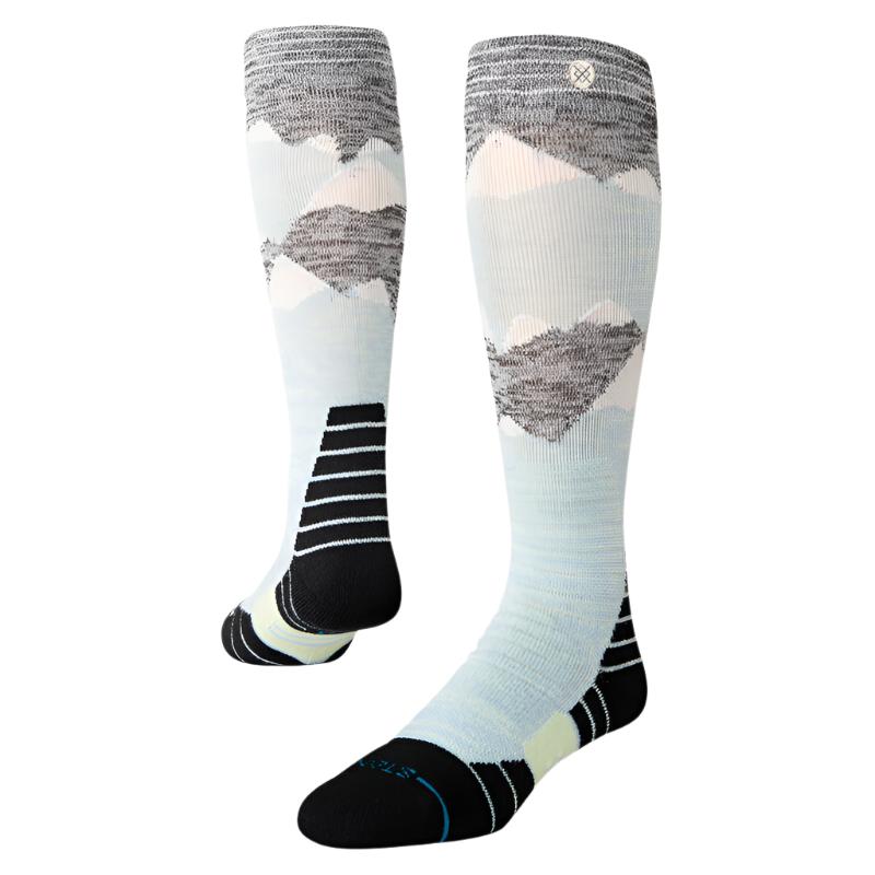 Stance Windy Peaks Snow Sock 2025 - A pair of snow socks with a gray and white mountain range design on the top portion.