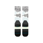 Stance Windy Peaks Snow Sock 2025 - A pair of snow socks with a light blue background and dark gray mountains in the center, featuring white lines that resemble wind patterns.