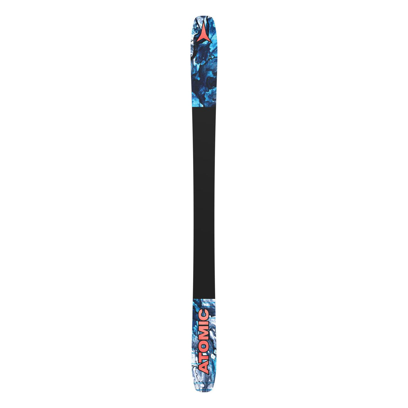 Atomic Bent Chetler 100 Skis 2025 - A pair of skis with a blue and white marbled pattern on the top, featuring a red Atomic logo at the tip.