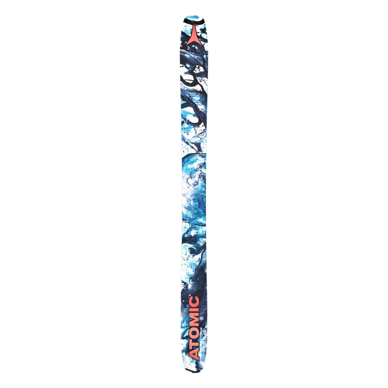 Atomic Bent Chetler 120 Skis 2025 - A pair of skis with a predominantly white base and blue marbled pattern, featuring black accents and a red logo at the top.