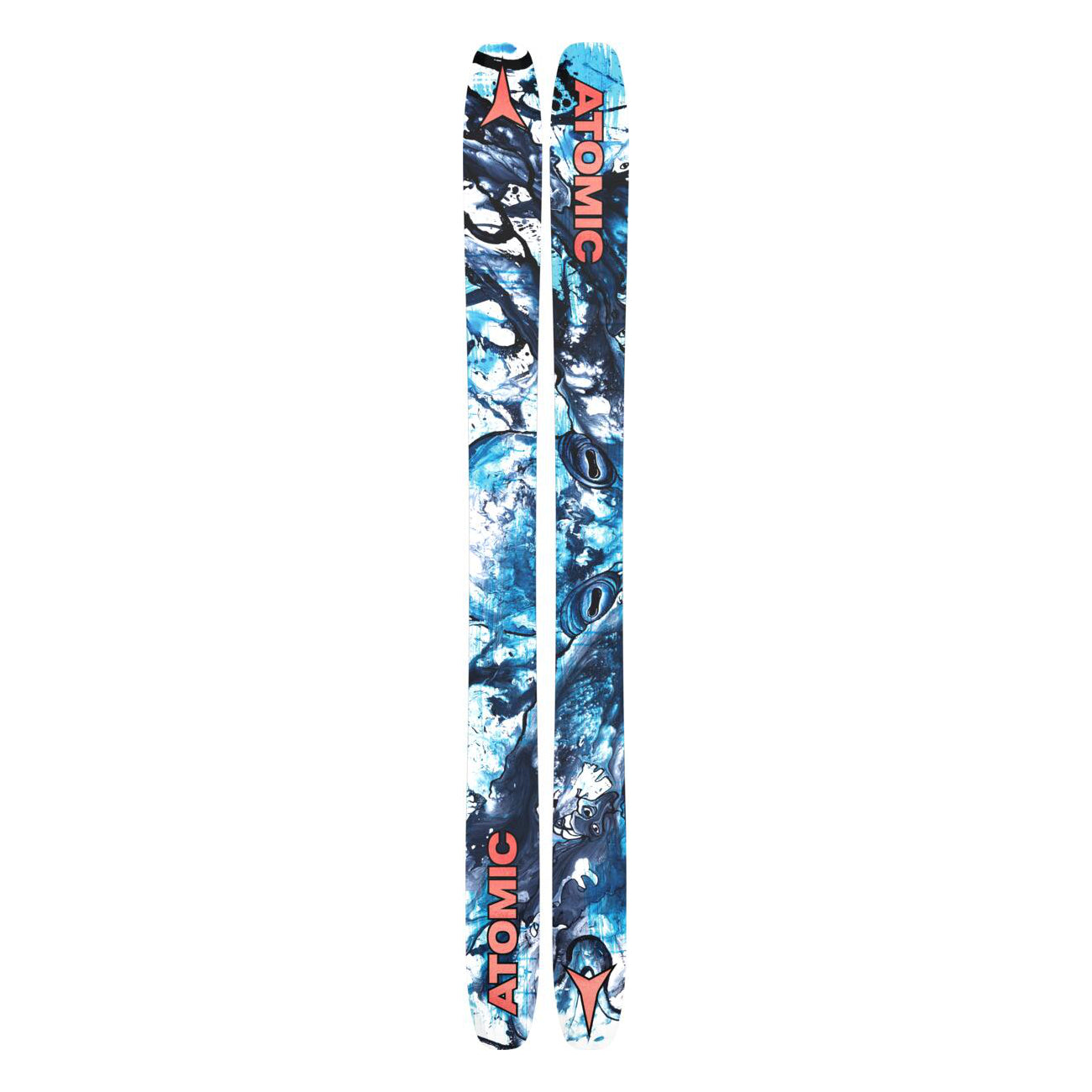 Atomic Bent Chetler 120 Skis 2025 - A pair of skis with a blue and white abstract pattern, featuring black accents and a distinctive red "A" logo on the top sheet.