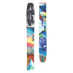Atomic Bent Chetler 120 Skis 2025 - A black and white ski with a gray Atomic logo on top, featuring a mountainous landscape in shades of blue, red, yellow, and orange.