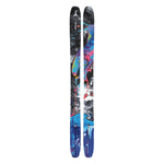 Atomic Bent Chetler 110 Skis 2025 - A pair of skis with a black base and colorful abstract design featuring blue, pink, yellow, purple, and white accents.