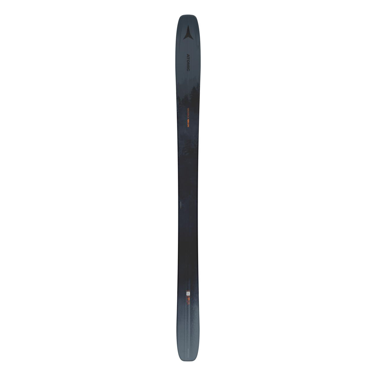 Atomic Maverick 105 CTI Skis 2025 - A pair of dark gray skis with a subtle black pattern and a distinctive orange stripe near the tip.