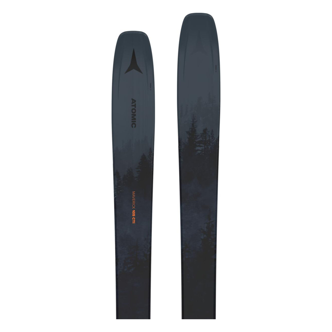 Atomic Maverick 105 CTI Skis 2025 - Black skis with a triangular logo at the top of the tip.