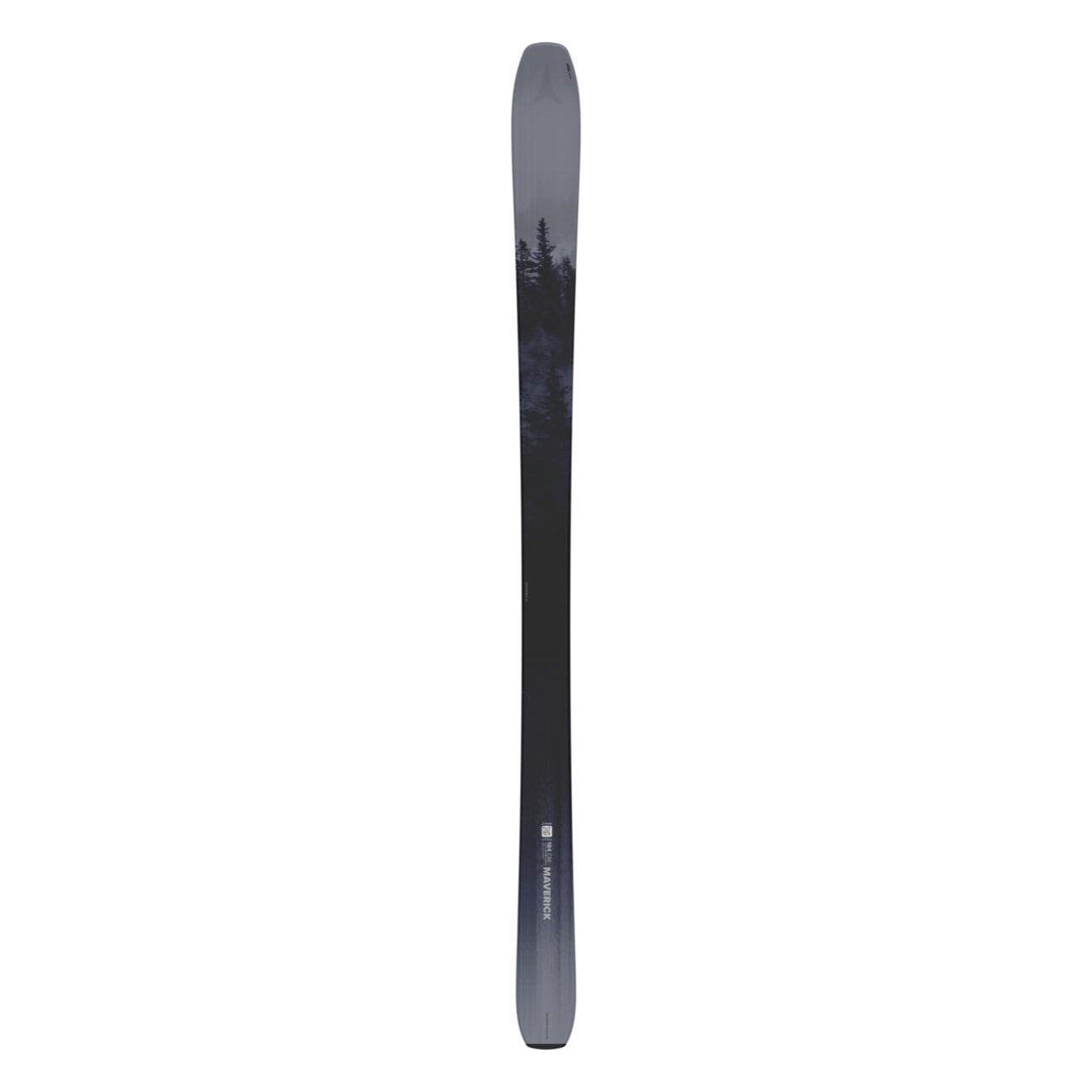 Atomic Maverick 88 TI Skis 2025 - A pair of skis with a dark gray base and white lettering on the top sheet, featuring an image of trees in the background.