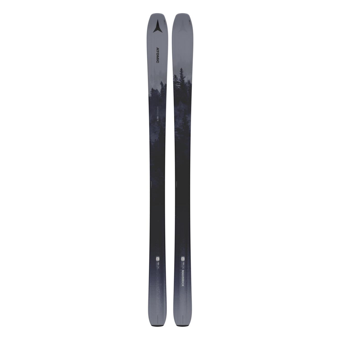 Atomic Maverick 88 TI Skis 2025 - A pair of skis with a dark gray base and black tips, featuring a subtle white logo on the tip of one ski.