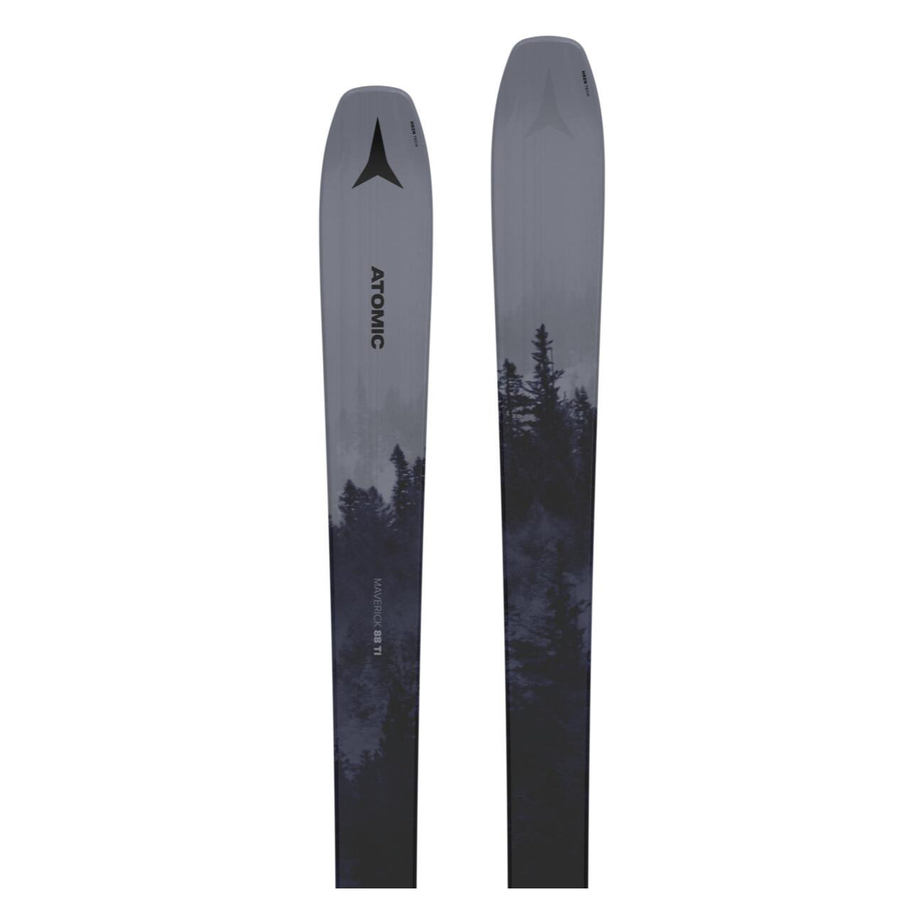 Atomic Maverick 88 TI Skis 2025 - A pair of skis with a dark gray base and black tips, featuring a distinctive "A" logo at the tip of each ski.