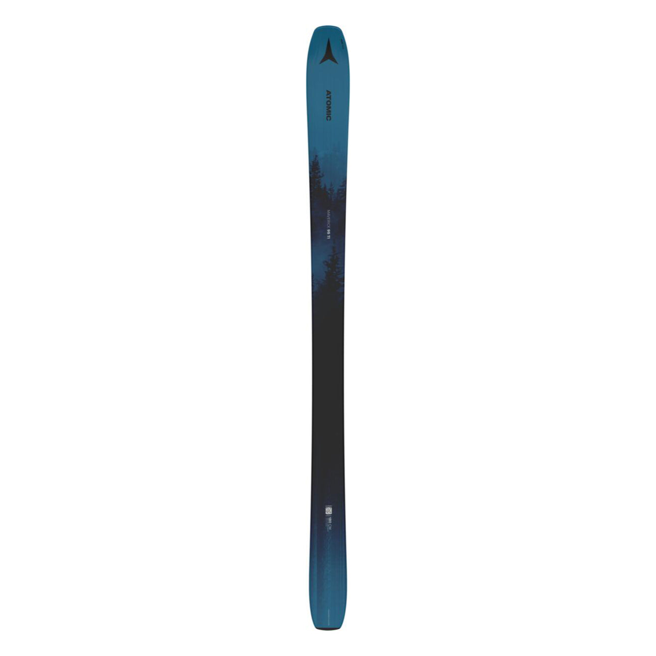 Atomic Maverick 95 TI Skis 2025 - A pair of skis with a dark blue top and black bottom, featuring a distinctive "ATOMIC" logo on the tip.