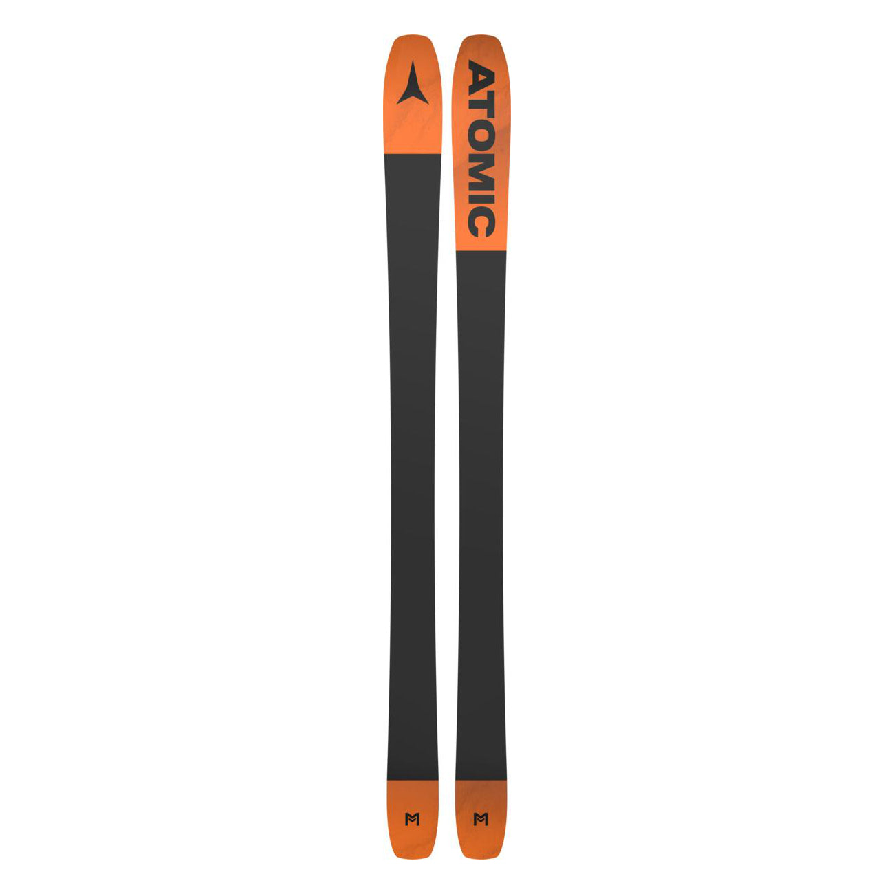 Atomic Maverick 95 TI Skis 2025 - A pair of skis with a black base and orange tips, featuring an Atomic logo on the tip of each ski.