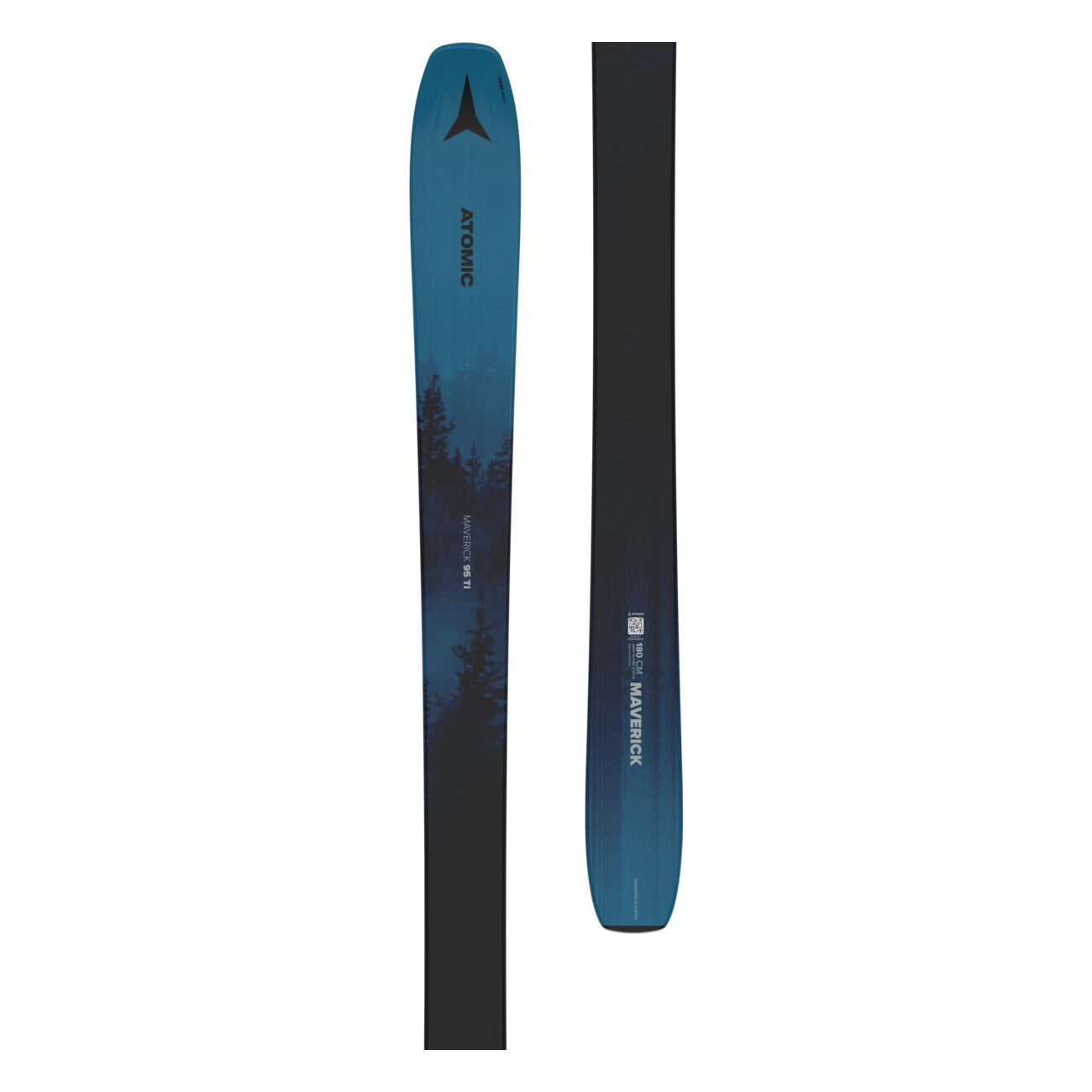 Atomic Maverick 95 TI Skis 2025 - A blue ski with a black logo at the top and white lettering that reads "MAVERICK" along the side.