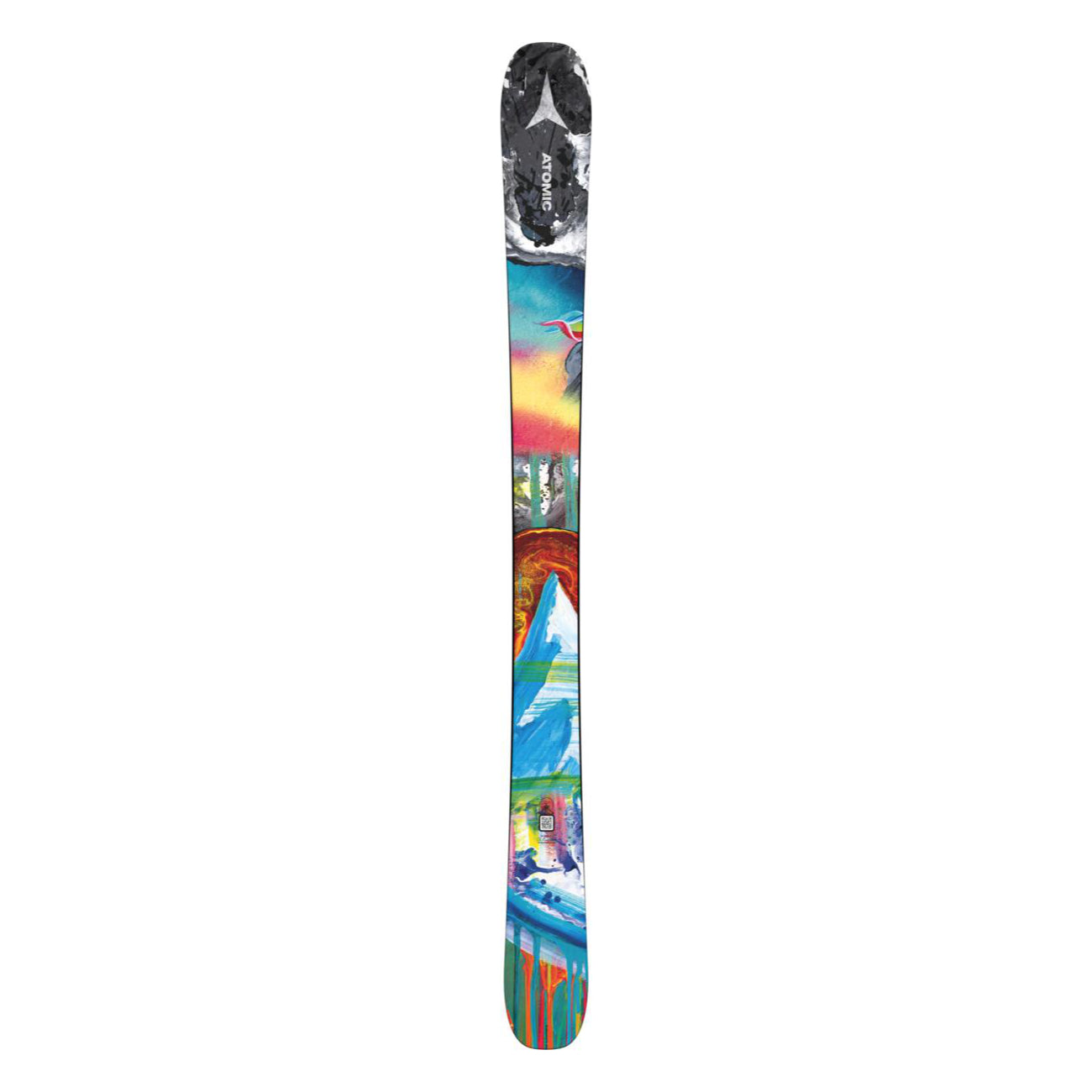 Atomic Junior's Bent Chetler Mini 133-143 Skis 2025 - A pair of skis with a black and white top sheet featuring a mountain graphic.