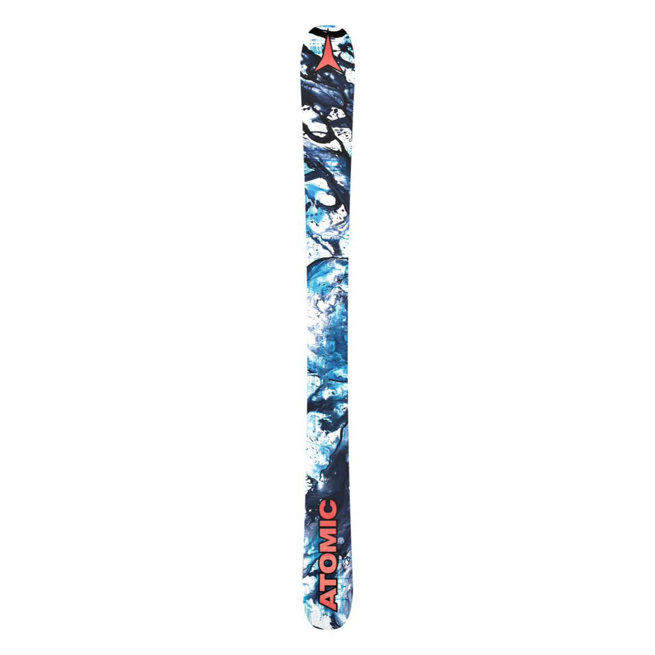 Atomic Junior's Bent Chetler Mini 133-143 Skis 2025 - A pair of skis with a blue and white marbled pattern, featuring black branches and snow-covered trees.