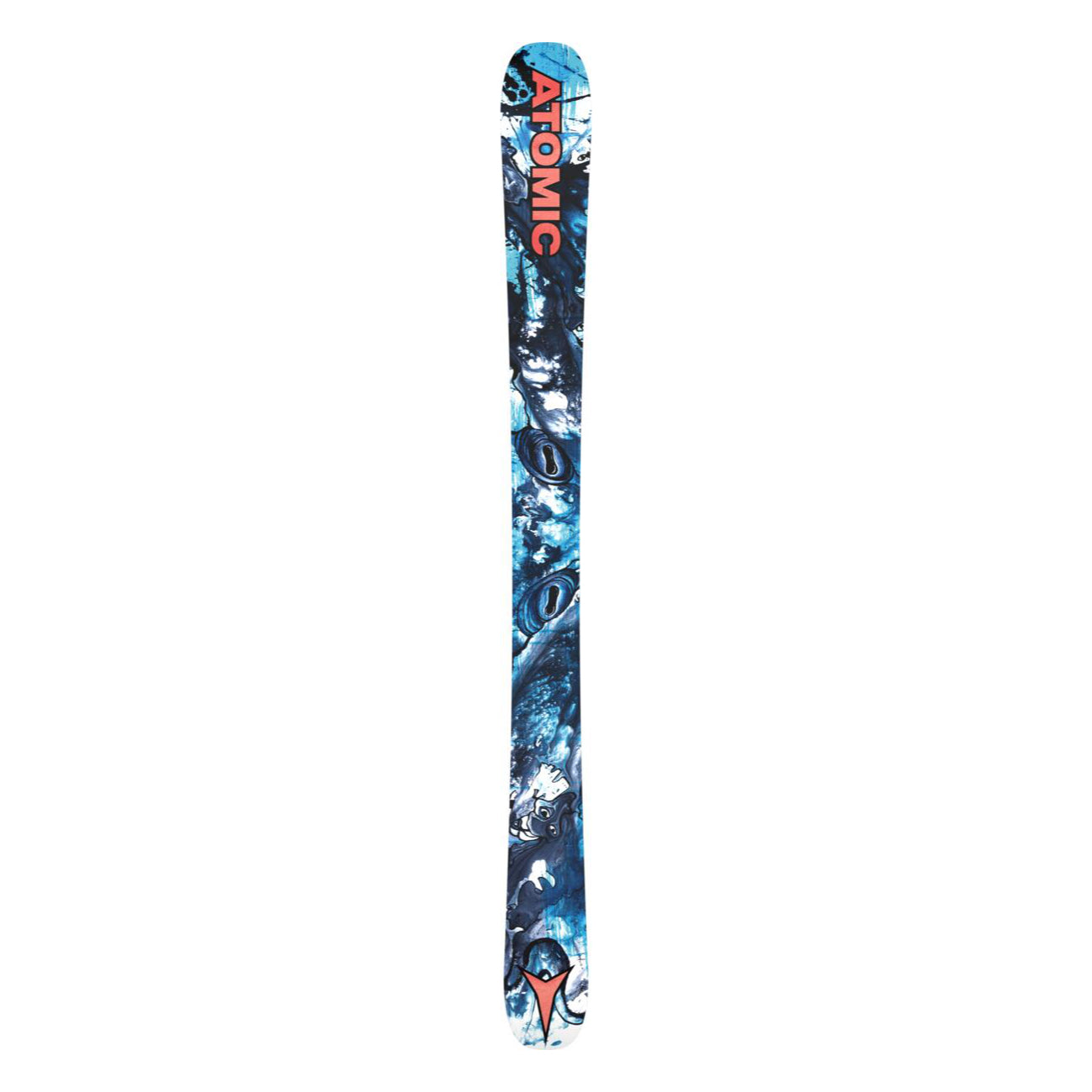 Atomic Junior's Bent Chetler Mini 133-143 Skis 2025 - A blue and white ski with a black logo on the top and a red logo at the bottom.