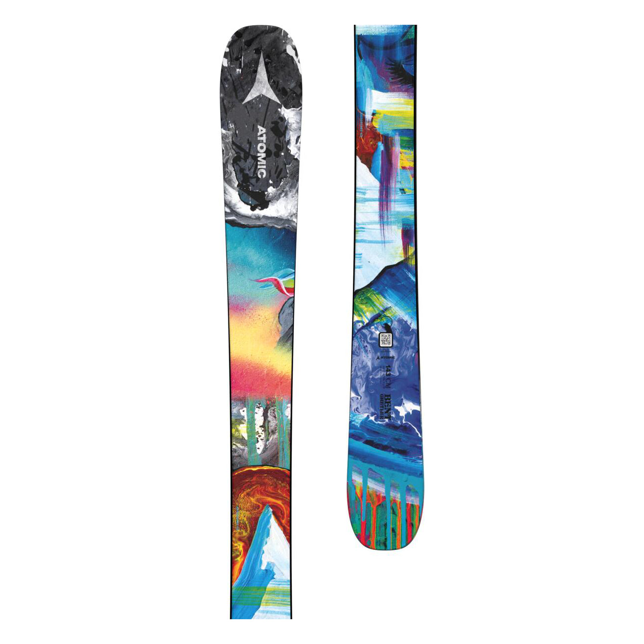 Atomic Junior's Bent Chetler Mini 133-143 Skis 2025 - A black and white ski with a gray logo that says "Atomic" in white letters, featuring a mountain range design.