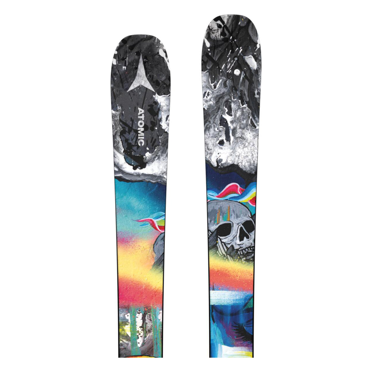 Atomic Junior's Bent Chetler Mini 133-143 Skis 2025 - A pair of skis with a black and white top sheet featuring a large gray logo that says "Bent Chetler" in bold letters.