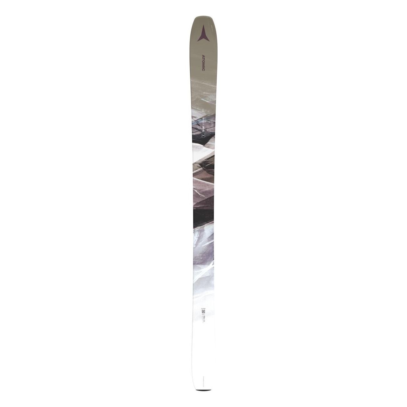 Atomic Women's Maven 93 C Ski 2025 - A white ski with a purple logo at the top and a geometric pattern on the middle section.