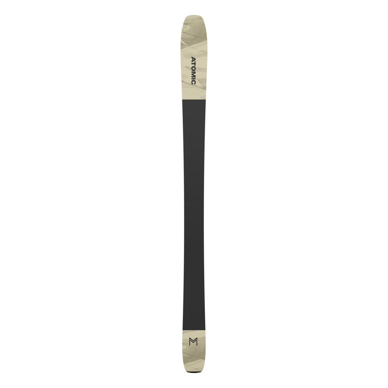Atomic Women's Maven 93 C Ski 2025 - A black and white ski with a geometric pattern on the top of the tip and tail.