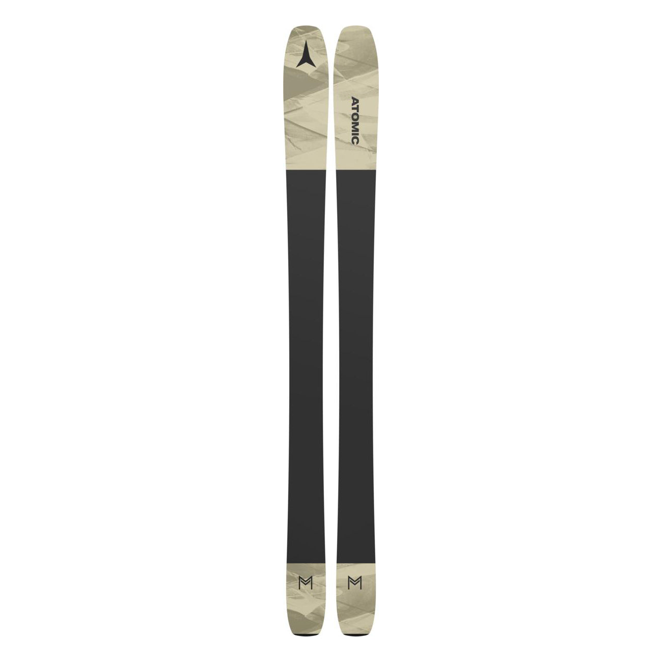 Atomic Women's Maven 93 C Ski 2025 - A pair of skis with a white base and black top, featuring a geometric pattern on the top portion.