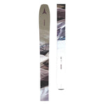 Atomic Women's Maven 93 C Ski 2025 - A white ski with a purple logo and geometric pattern on top, featuring a black strap at the tip.