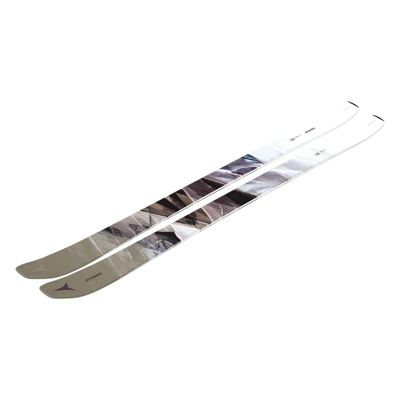 Atomic Women's Maven 93 C Ski 2025 - A pair of skis with a geometric pattern in shades of brown and white, featuring a distinctive Atomic logo on the tip.