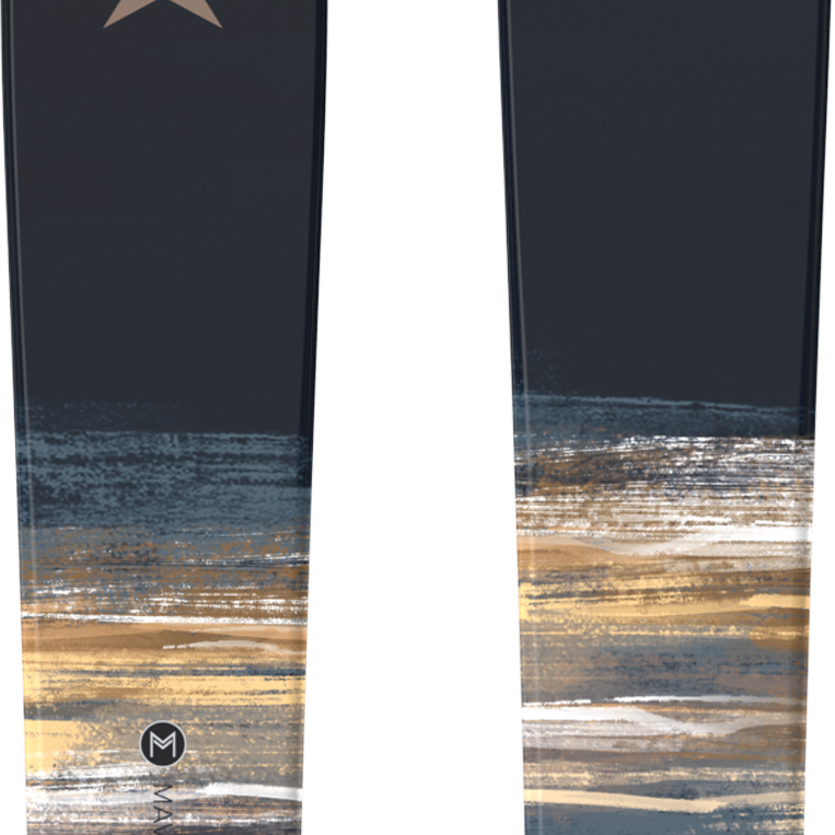 Pair of dark slate Atomic Maven skis with blue-gray base graphic stripe and Atomic symbol