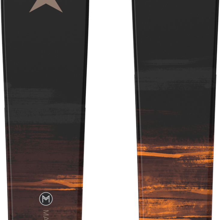 Women’s Maven 88 CTI skis, black with orange-brown gradient graphics and logos.