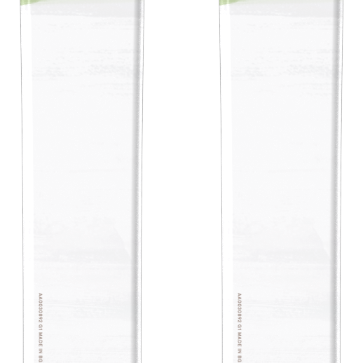 Atomic Maven 86 C women's skis, white with green tips and side profile, pair