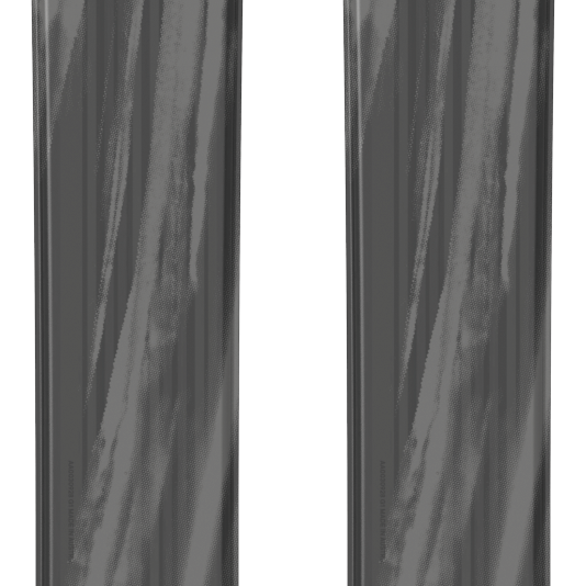 Ski pair angled view, dark gray tops with arrow marks and Atomic branding on tails.