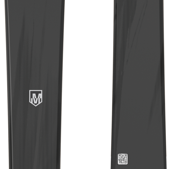 Pair of black skis with gold center logo and small white branding near the bindings
