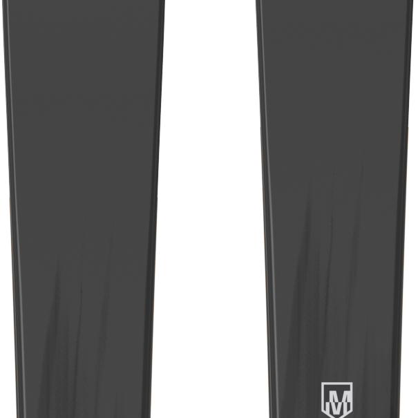 Pair of black skis with gold arrow logo and small shield mark on the sides