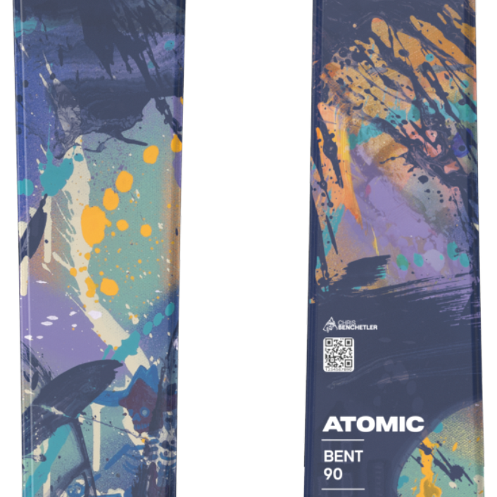 Atomic Bent Chetler 90 skis, blue multicolor splatter graphic pair, angled