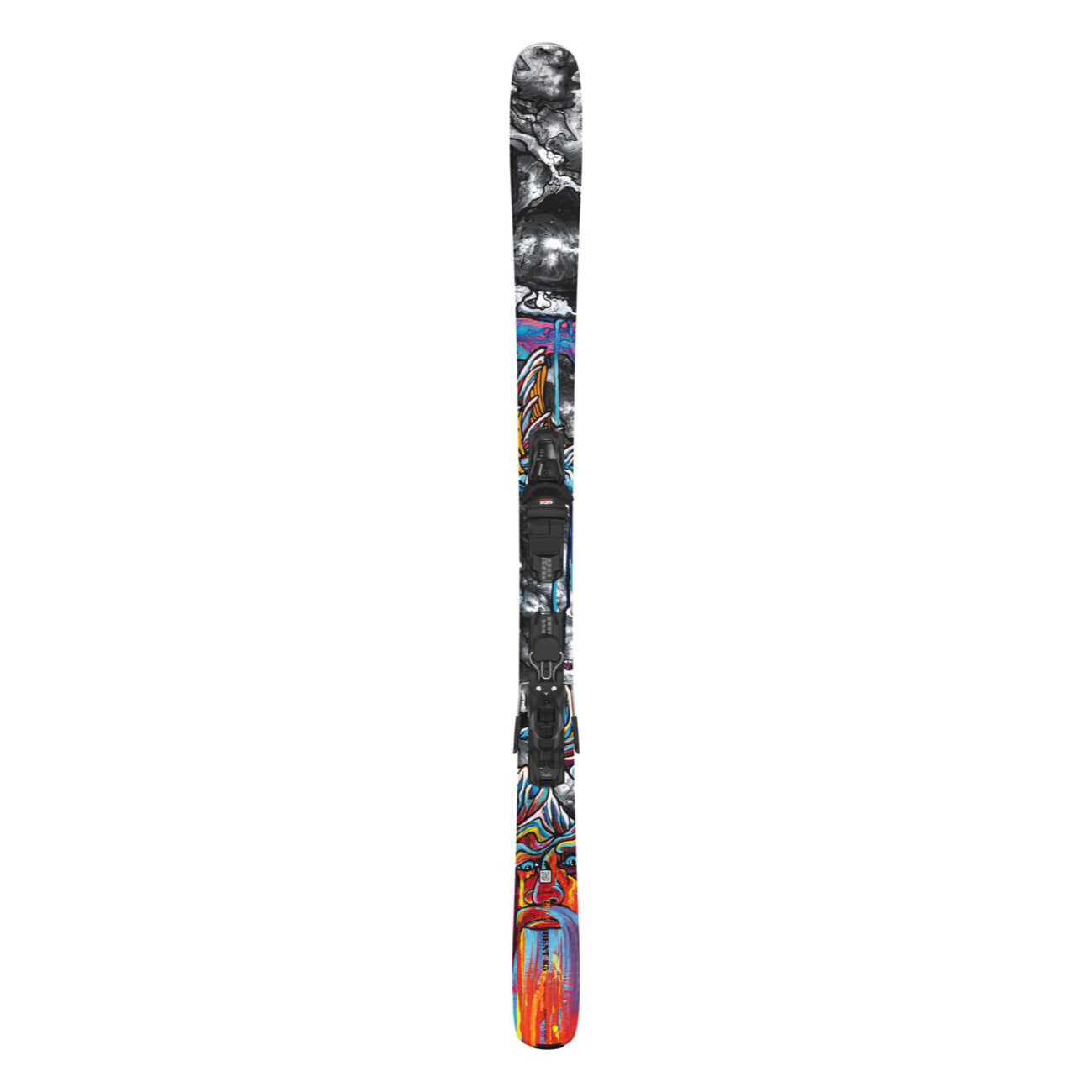 Atomic Bent Chetler 85 System Skis with M10 Bindings 2025 - A pair of skis with a black and white marbled pattern on top, featuring a blue and orange abstract design at the tip.