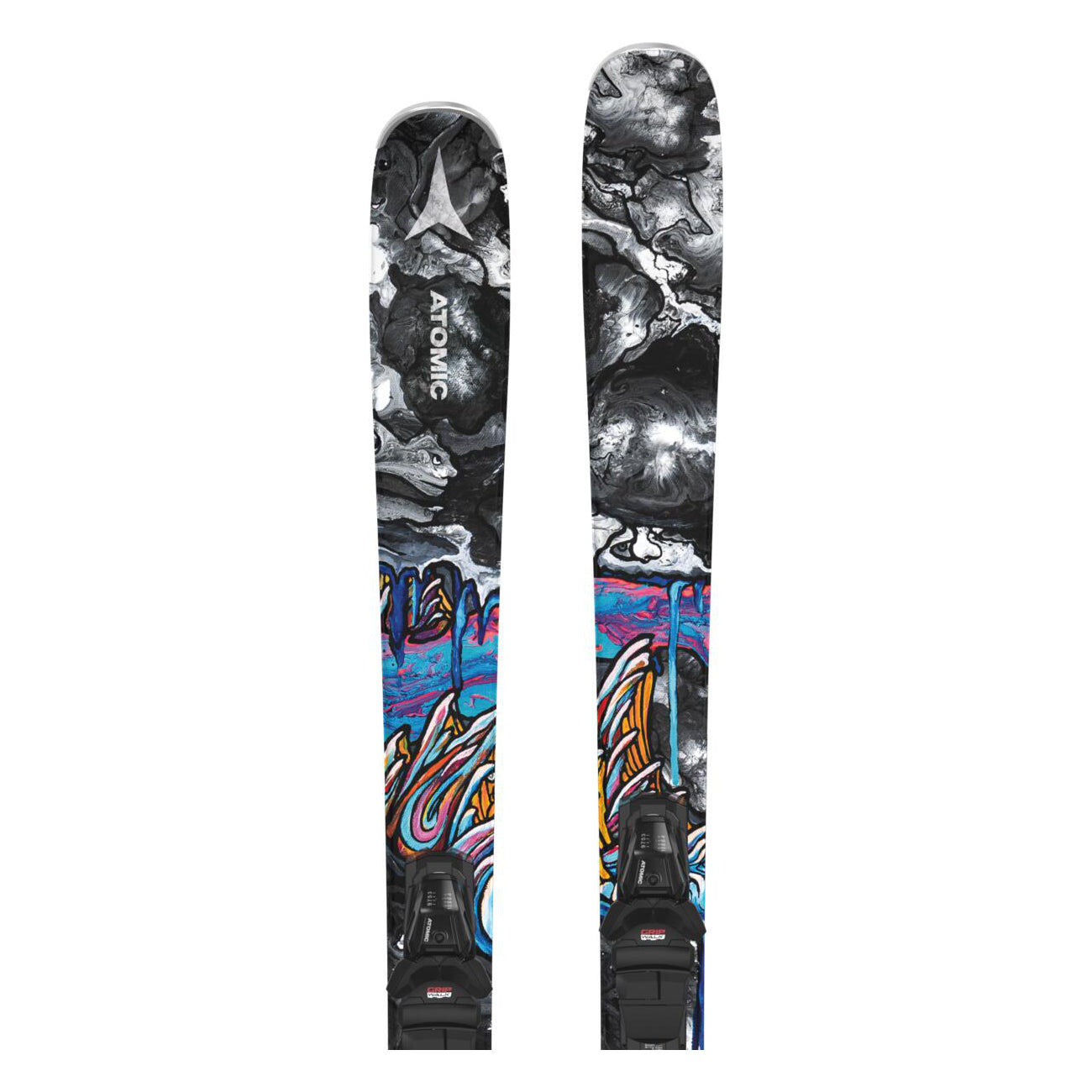 Atomic Bent Chetler 85 System Skis with M10 Bindings 2025 - A pair of skis featuring a black and white marbled pattern on top, with a blue and pink abstract design at the bottom.