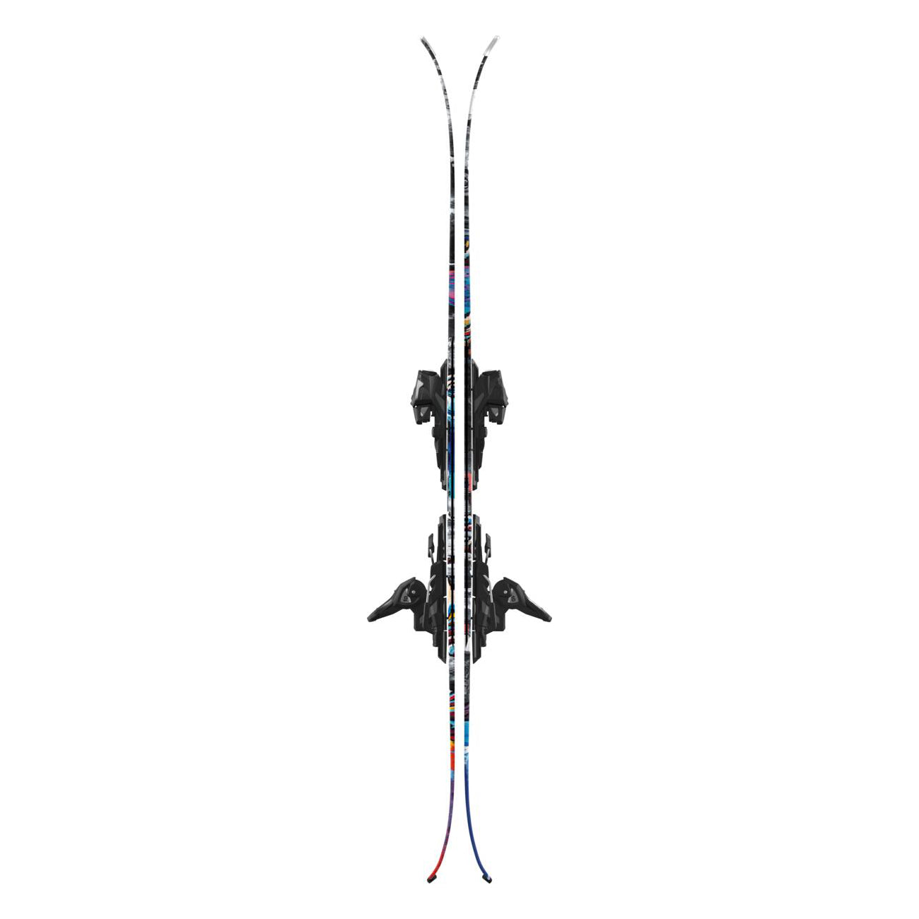 Atomic Bent Chetler 85 System Skis with M10 Bindings - A pair of skis with a black base and white, blue, red, and yellow accents on the top sheet.