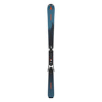Atomic Junior's Maverick System Skis with C5 Bindings - A pair of skis with a blue top and black bottom, featuring an orange logo at the tip and a distinctive "MAVERICK" text on the tail.