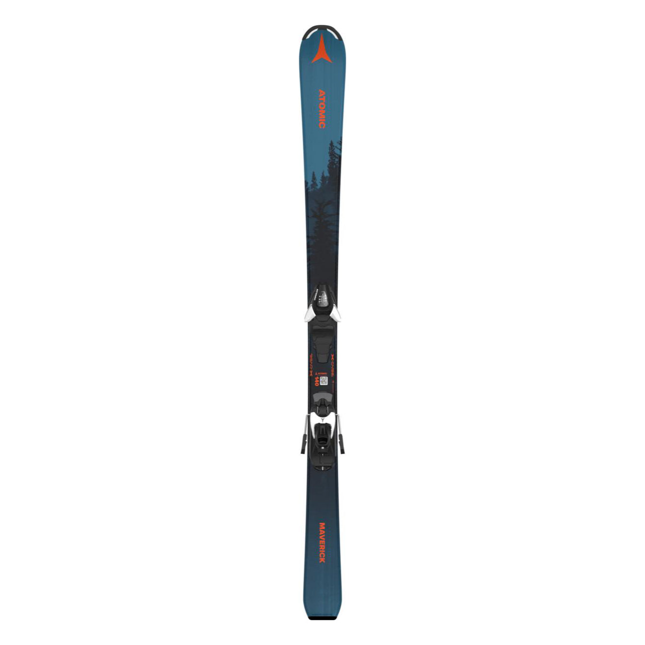 Atomic Junior's Maverick System Skis with C5 Bindings - A pair of skis with a blue top and black bottom, featuring an orange logo at the tip and a distinctive "MAVERICK" text on the tail.