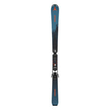 Atomic Junior's Maverick System Skis with C5 Bindings - A pair of skis with a blue top and black bottom, featuring an orange logo at the tip and a distinctive "MAVERICK" text on the tail.