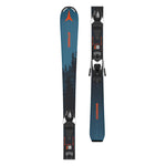 Atomic Junior's Maverick System Skis with C5 Bindings 2026 - A pair of blue skis with a red logo at the top and black bindings.