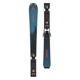 Atomic Junior's Maverick System Skis with C5 Bindings 2026 - A pair of blue skis with a red logo at the top and black bindings.
