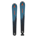 Atomic Junior's Maverick System Skis with C5 Bindings 2026 - A pair of skis with a blue top and black bottom, featuring a red logo at the tip and a black binding.