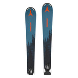 Atomic Junior's Maverick System Skis with C5 Bindings 2026 - A pair of skis with a blue top and black bottom, featuring a red logo at the tip and a black binding.