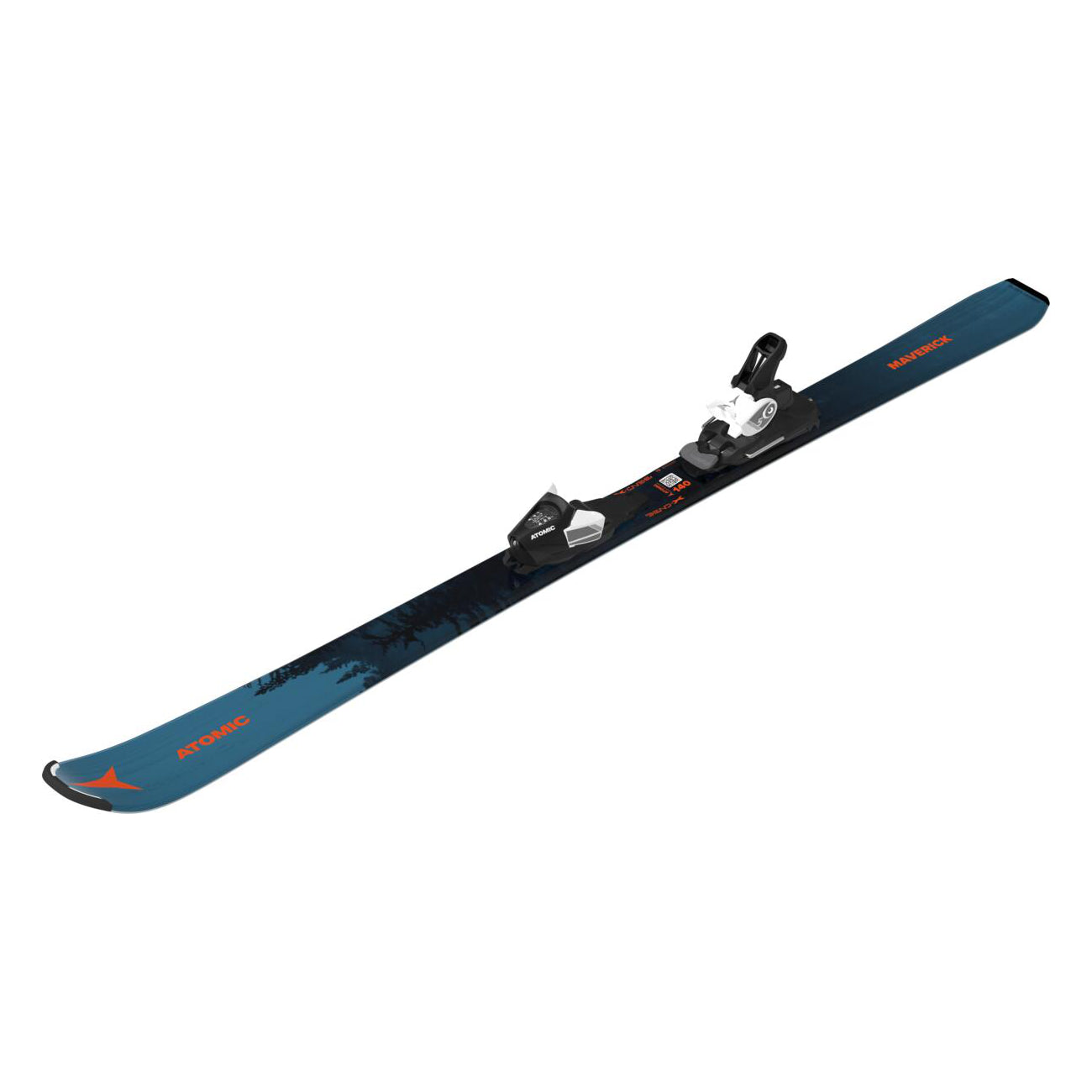 Atomic Junior's Maverick System Skis with C5 Bindings - A pair of blue skis with a black pattern and orange lettering, featuring a distinctive red logo on the tip.