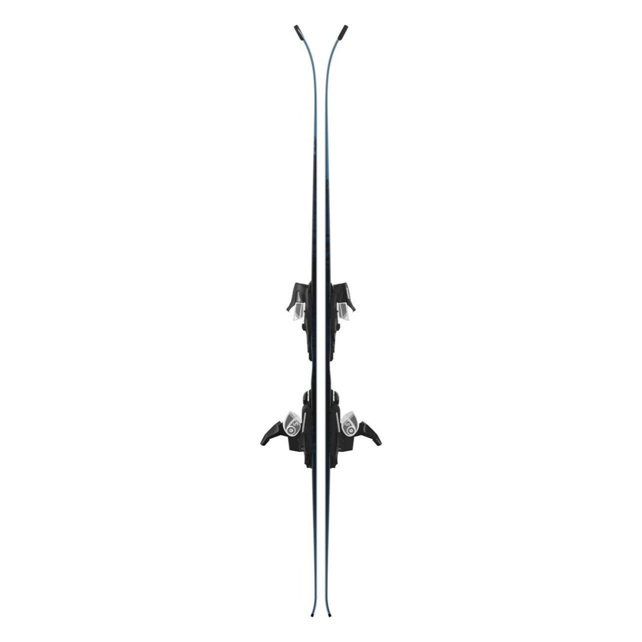 Atomic Junior's Maverick System Skis with C5 Bindings - A pair of skis with black bindings and a silver-colored base, featuring a distinctive "Y" shape at the tip.