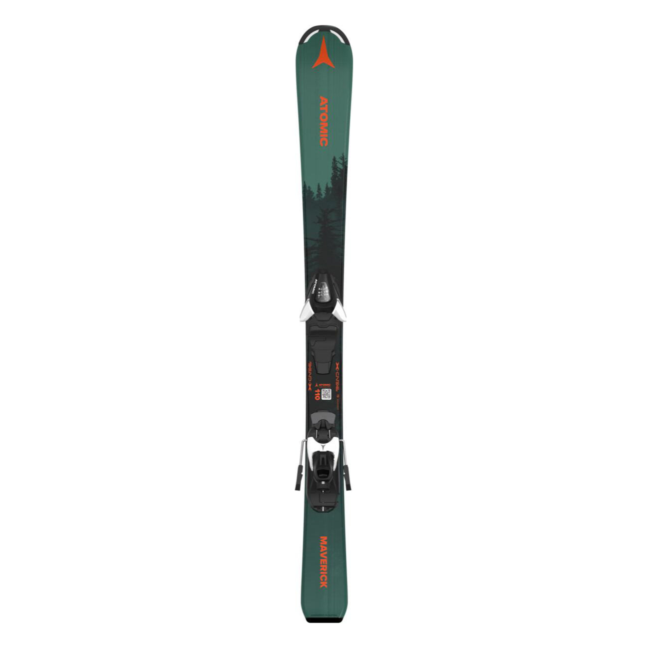 Atomic Junior's Maverick System Skis with C5 Bindings 2026 - A pair of skis with a dark green base and black bindings, featuring a distinctive red logo at the top.