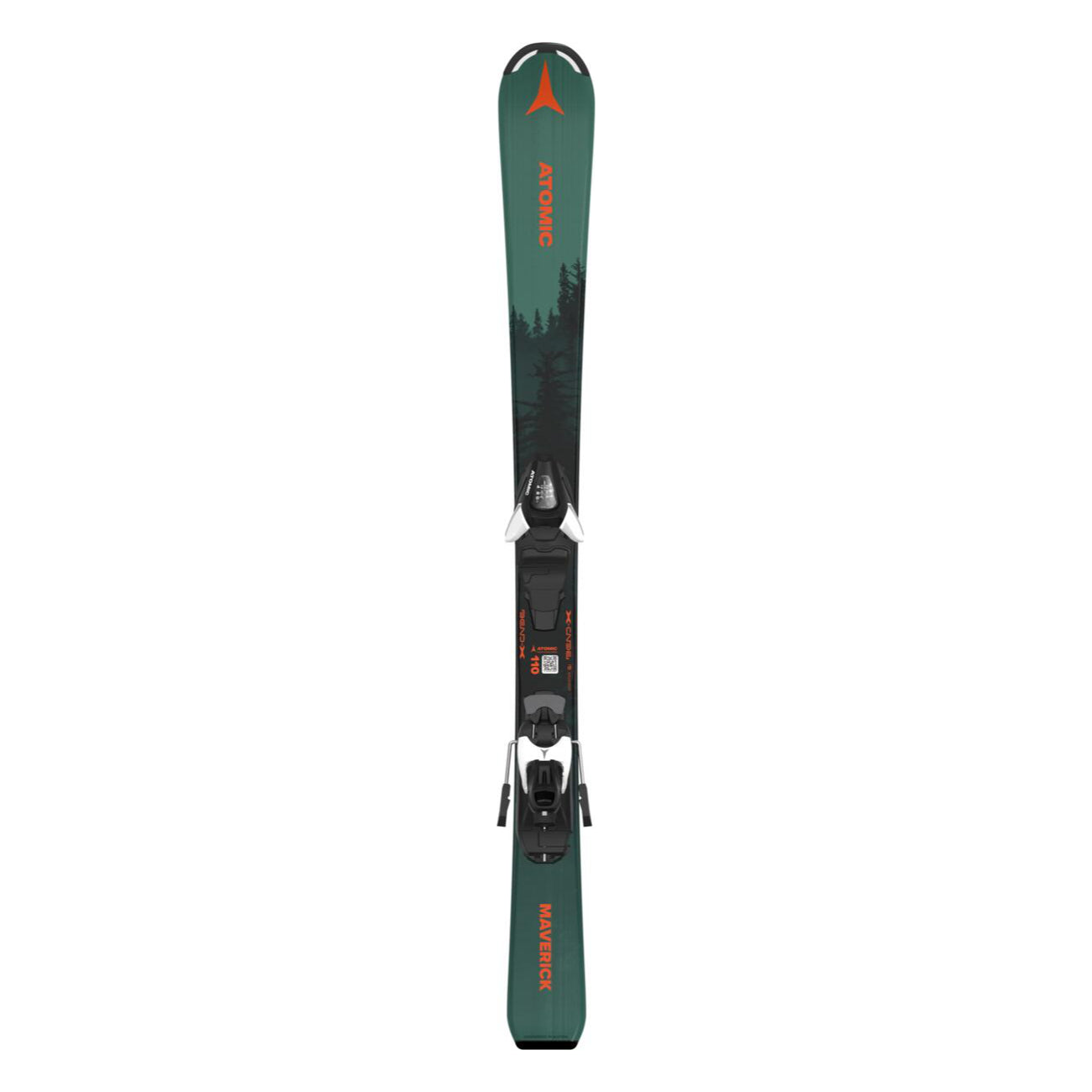 Atomic Junior's Maverick System Skis with C5 Bindings 2026 - A pair of skis with a dark green base and black bindings, featuring a distinctive red logo at the top.