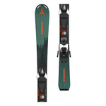 Atomic Junior's Maverick System Skis with C5 Bindings 2026 - A pair of skis with a green base and black bindings, featuring a forest scene on the top sheet.