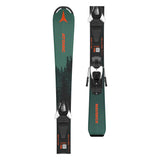Atomic Junior's Maverick System Skis with C5 Bindings 2026 - A pair of skis with a green base and black bindings, featuring a forest scene on the top sheet.