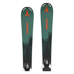 Atomic Junior's Maverick System Skis with C5 Bindings 2026 - A pair of skis with a green top and black bottom, featuring a distinctive orange logo at the tip.