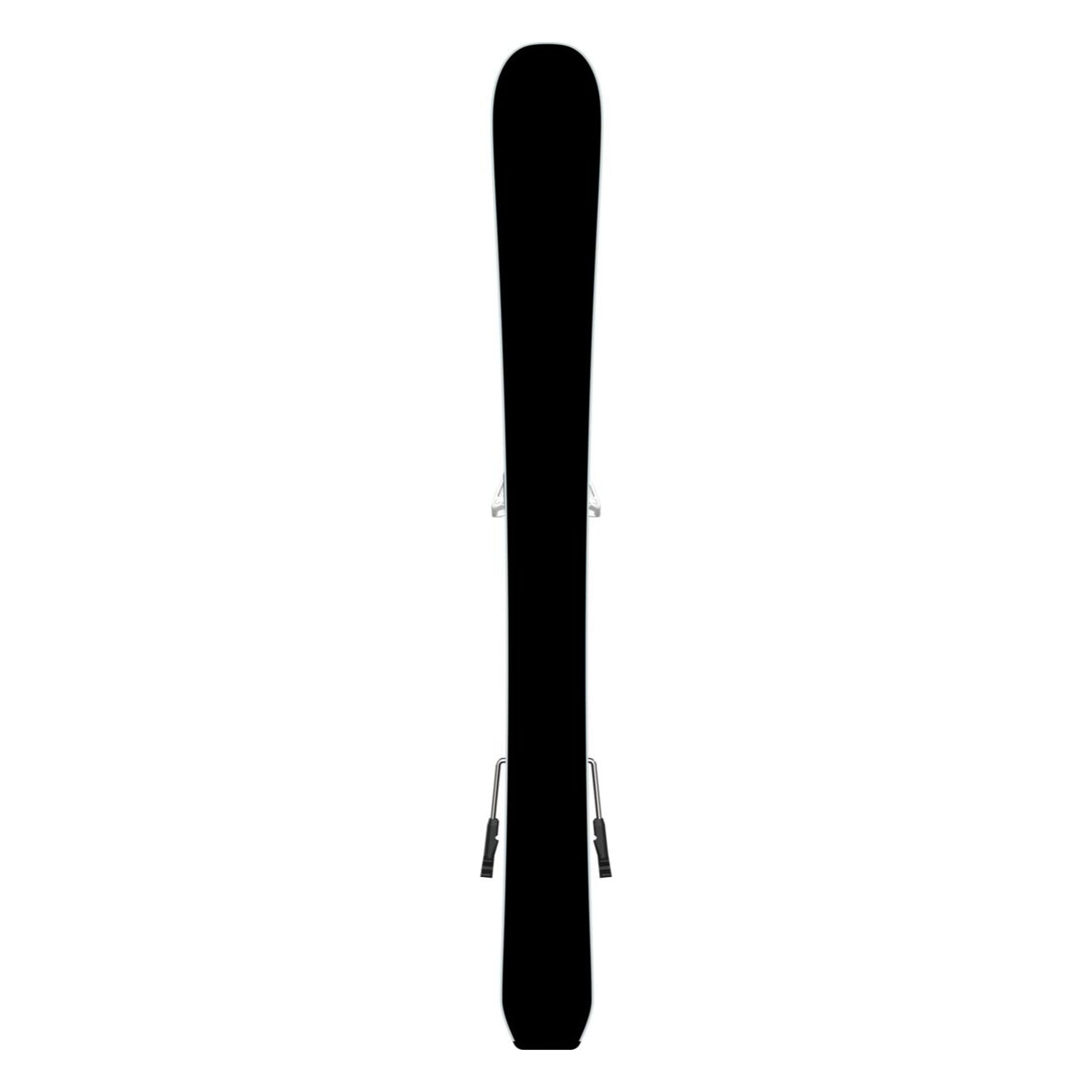 Atomic Junior's Maverick System Skis 70-90 with C5 Bindings - A pair of skis and bindings in a sleek black color, featuring silver hardware on the bindings.